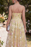 Light Yellow Floral Corset Spaghetti Straps A Line Maxi Wedding Guest Dress