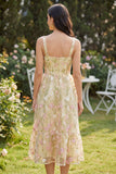 Square Neck Floral Light Yellow A Line Maxi Wedding Guest Dress