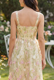Square Neck Floral Light Yellow A Line Maxi Wedding Guest Dress