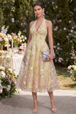 Light Yellow A-Line Halter Appliqued Floral Maxi Wedding Guest Dresses
