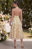 Light Yellow A-Line Halter Appliqued Floral Maxi Wedding Guest Dresses