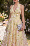 Light Yellow A-Line Halter Appliqued Floral Maxi Wedding Guest Dresses