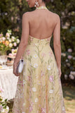 Light Yellow A-Line Halter Appliqued Floral Maxi Wedding Guest Dresses