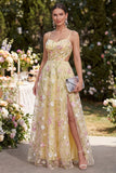 Light Yellow A-Line Hollow Appliqued Floral Maxi Wedding Guest Dress with Slit