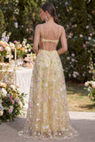 Light Yellow A-Line Hollow Appliqued Floral Maxi Wedding Guest Dress with Slit