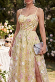 Light Yellow A-Line Hollow Appliqued Floral Maxi Wedding Guest Dress with Slit