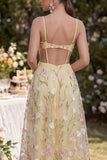 Light Yellow A-Line Hollow Appliqued Floral Maxi Wedding Guest Dress with Slit