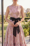 Blush Jacquard Boat Neck A Line Maxi Floral Dress with Bow
