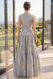Blush Jacquard Boat Neck A Line Maxi Floral Dress with Bow