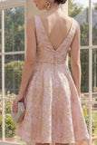 V-Neck A Line Blush Midi Jacquard Floral Dress
