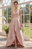 Blush V-Neck Ruched High Low A Line Jacquard Floral Maxi Dress