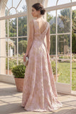 Blush V-Neck Ruched High Low A Line Jacquard Floral Maxi Dress