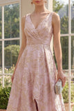 Blush V-Neck Ruched High Low A Line Jacquard Floral Maxi Dress