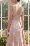 Blush V-Neck Ruched High Low A Line Jacquard Floral Maxi Dress