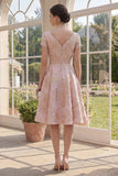Blush A Line Floral V-Neck Jacquard Midi Dress with Short Sleeves