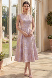 Dusty Lilac A Line Jacquard Boat Neck Midi Floral Dress