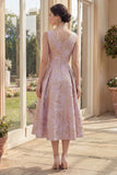 Dusty Lilac A Line Jacquard Boat Neck Midi Floral Dress