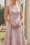 Dusty Lilac A Line Jacquard Boat Neck Midi Floral Dress