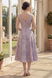 Dusty Lilac Boat Neck Jacquard Midi Floral Dress