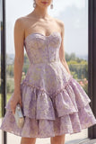 Dusty Lilac Basque Waist A Line Corset Jacquard Mini Floral Dress with Ruffles