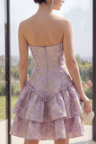 Dusty Lilac Basque Waist A Line Corset Jacquard Mini Floral Dress with Ruffles