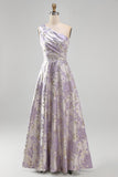 Dusty Lilac One Shoulder Ruched A Line Jacquard Floral Maxi Dress