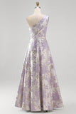 Dusty Lilac One Shoulder Ruched A Line Jacquard Floral Maxi Dress