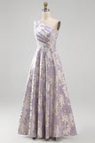 Dusty Lilac One Shoulder Ruched A Line Jacquard Floral Maxi Dress