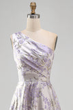 Dusty Lilac One Shoulder Ruched A Line Jacquard Floral Maxi Dress