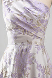 Dusty Lilac One Shoulder Ruched A Line Jacquard Floral Maxi Dress