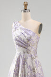 Dusty Lilac One Shoulder Ruched A Line Jacquard Floral Maxi Dress