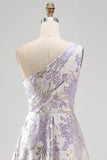 Dusty Lilac One Shoulder Ruched A Line Jacquard Floral Maxi Dress