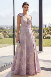 Dusty Lilac Ruched Jacquard A Line V-Neck Floral Maxi Wedding Guest Dress with Slit