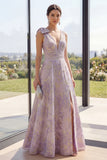 Dusty Lilac Ruched Jacquard A Line V-Neck Floral Maxi Wedding Guest Dress with Slit