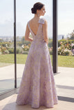 Dusty Lilac Ruched Jacquard A Line V-Neck Floral Maxi Wedding Guest Dress with Slit