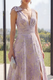 Dusty Lilac Ruched Jacquard A Line V-Neck Floral Maxi Wedding Guest Dress with Slit