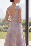 Dusty Lilac Ruched Jacquard A Line V-Neck Floral Maxi Wedding Guest Dress with Slit