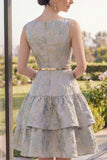 Dusty Blue A Line Boat Neck Ruffled Jacquard Midi Floral Dress with Belt
