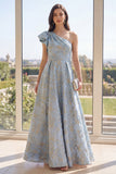 Dusty Blue A Line Jacquard One Shoulder Maxi Floral Dress with Bow
