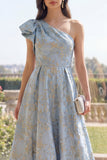 Dusty Blue A Line Jacquard One Shoulder Maxi Floral Dress with Bow