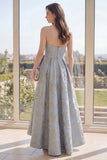 Dusty Blue Floral Jacquard Long A Line Maxi Dress with Bow