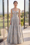 A Line Dusty Blue Floral Thick Straps Jacquard Maxi Dress