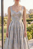 A Line Dusty Blue Floral Thick Straps Jacquard Maxi Dress