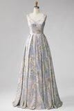 A-Line V-Neck Pleated Long Grey Blue Jacquard Dress