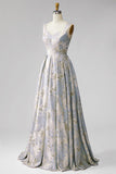 A-Line V-Neck Pleated Long Grey Blue Jacquard Dress