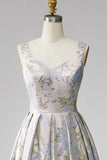 A-Line V-Neck Pleated Long Grey Blue Jacquard Dress