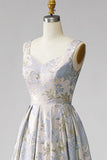 A-Line V-Neck Pleated Long Grey Blue Jacquard Dress
