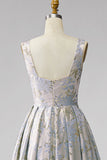 A-Line V-Neck Pleated Long Grey Blue Jacquard Dress