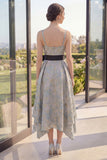Dusty Blue Jacquard Asymmetrical V-Neck Floral Midi Dress with Bow