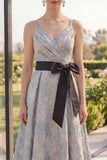 Dusty Blue Jacquard Asymmetrical V-Neck Floral Midi Dress with Bow
